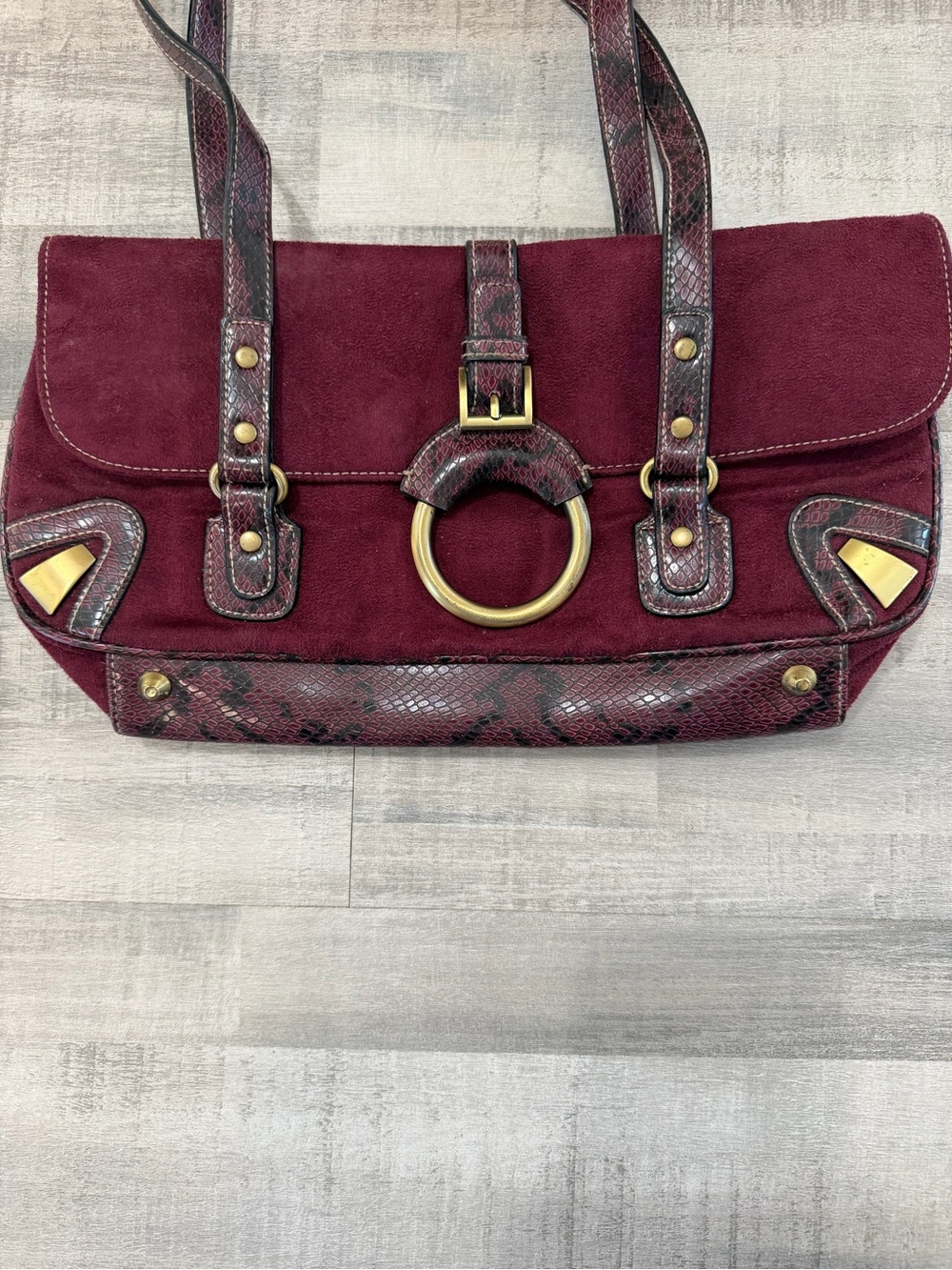 Bisou Bisou Michele Bohbot Burgundy Suede Faux Snakeskin Shoulder Handbag Purse
